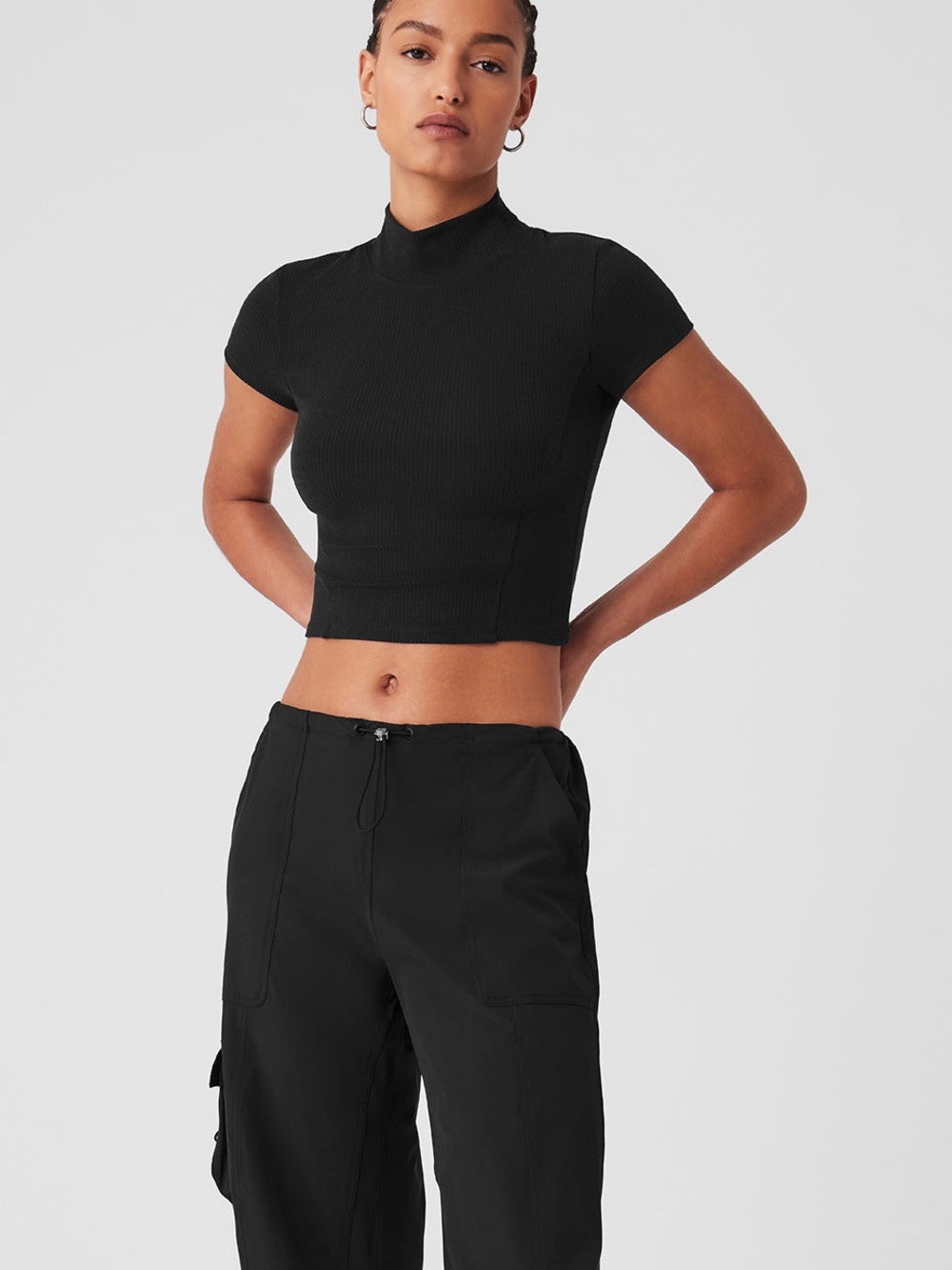 ALO Yoga Black Ribbed Wellness Mock Neck Crop short sleeve Top